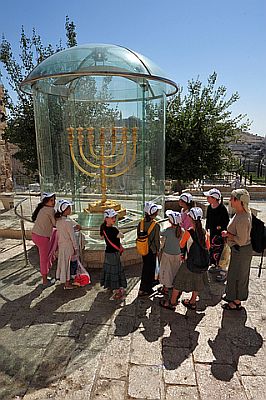 This gold replica of the ancient Temple Menorah sits opposite the Temple Mount in Jerusalem, ready for service in the Third Temple