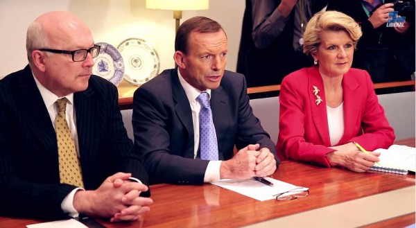 Australian Attorney-General George Brandis, Australian Prime Minister Tony Abbot; Australian Foreign Minister Julie Bishop Brandis-Abbot-Bishop