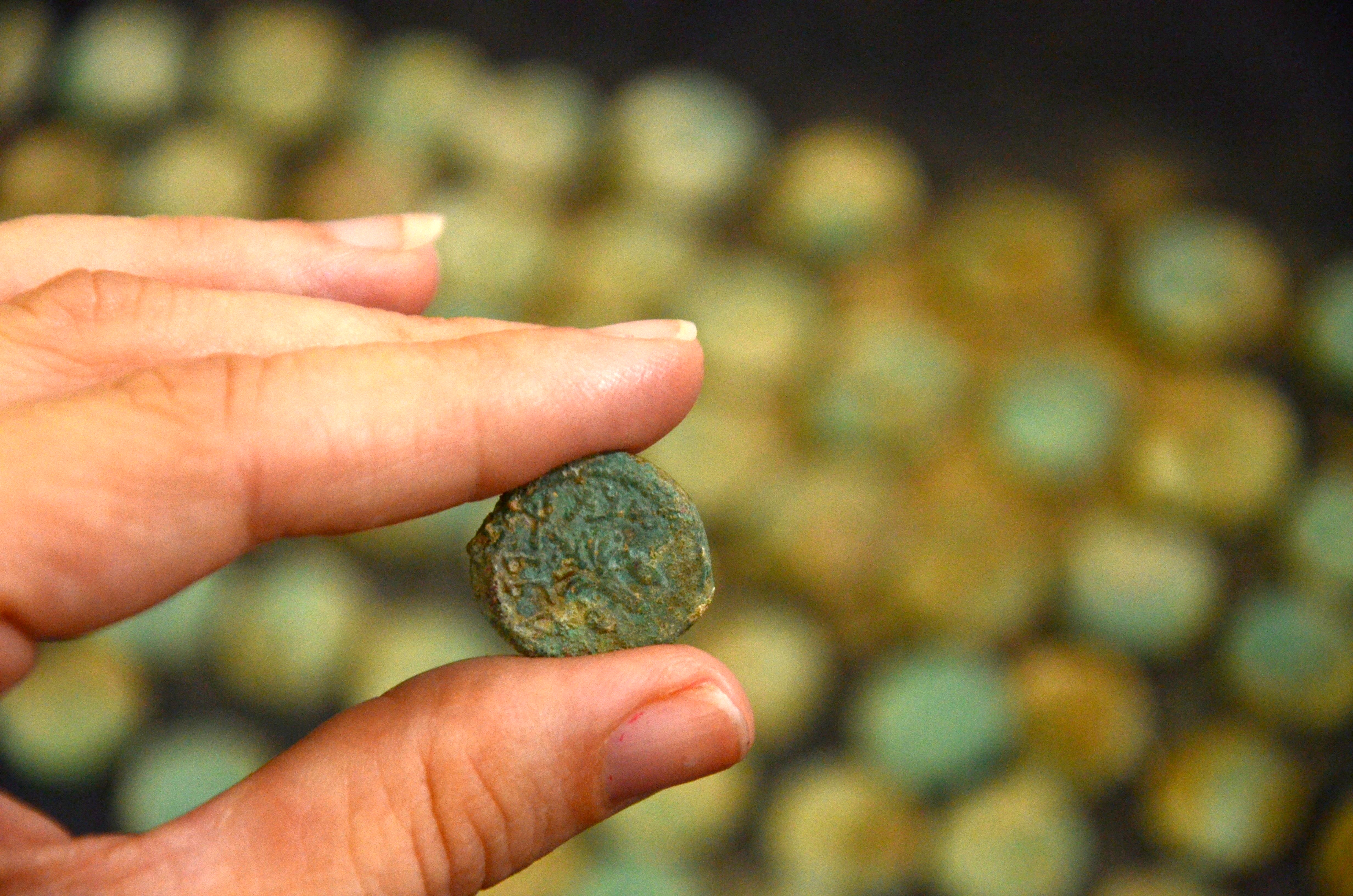 Bronze Second Temple era Jewish Revolt coin closeup