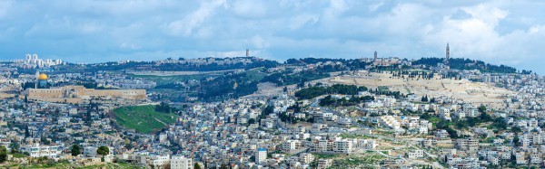 A view of the Mount of Olives, a mountain ridge to the east of the Temple Mount with three peaks running from north to south. The highest, at-Tur, rises to 818 meters. It is named for the olive groves that once covered its slopes.