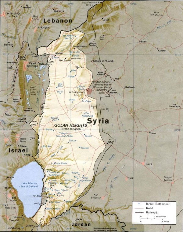 According to the CIA, Israel holds 1,300 square kilometres (500 sq. miles) on the Golan Heights.