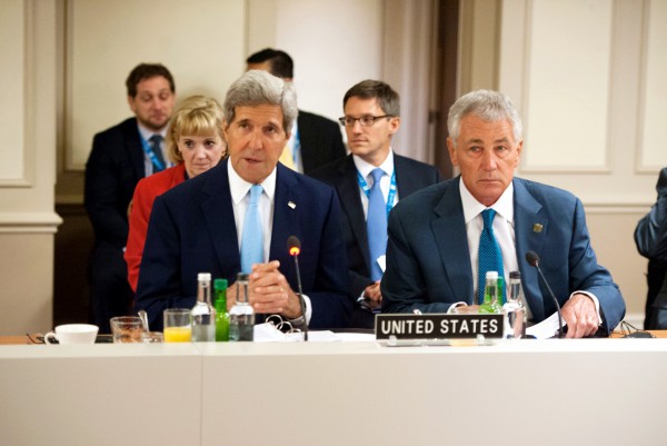 US Secretary of State John Kerry speaks at a meeting that he and Defense Secretary Chuck Hagel convened about ISIL during the NATO Summit in Wales.