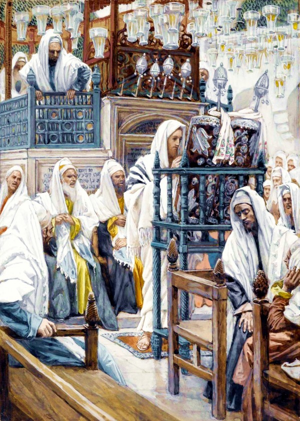 Yeshua Unrolls the Scroll in the Synagogue, by James Tissot