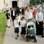 Jewish family walks ancient walls Jerusalem