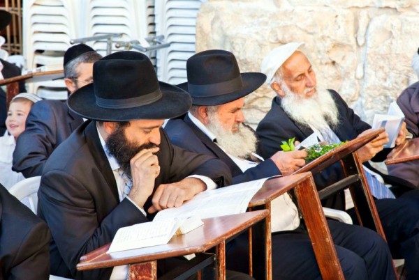 Chasidic Jewish men reading near the Western (Wailing) Wall