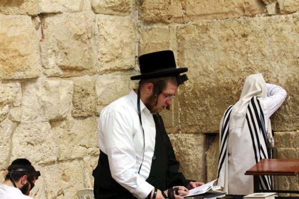 An Orthodox Jewish man prays at the Western (Wailing) Wall using a siddur (Jewish prayer book). The box and black straps are tefillin (phylacteries), which are put on during morning prayer.