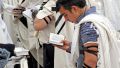 Jewish men wearing tallitot (prayer shawls) pray with tefillin (phylacteries) and siddurim (Jewish prayer books).