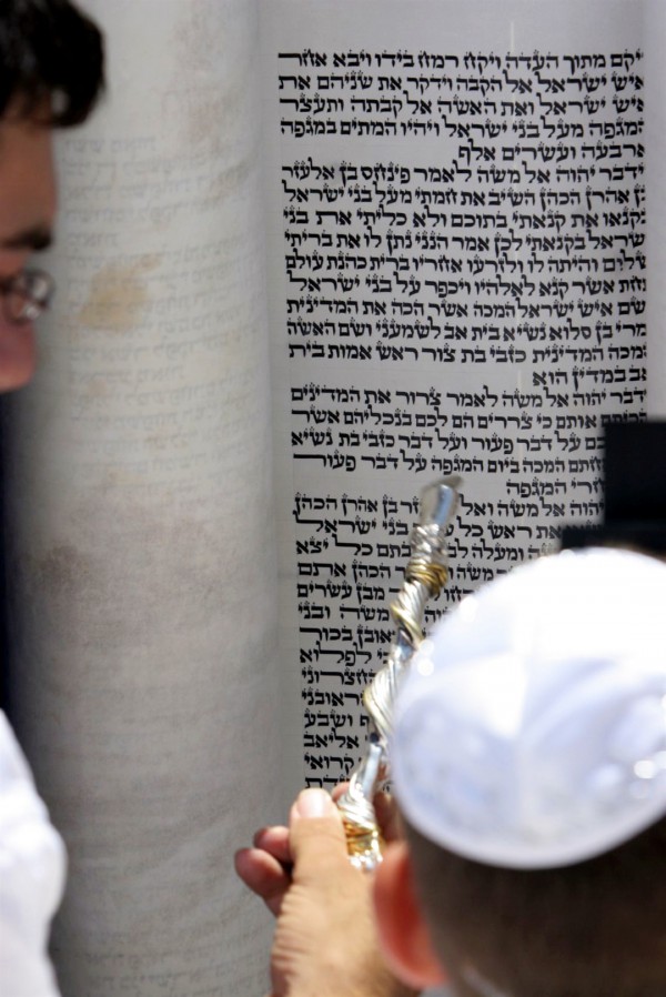 Reading the Torah using a silver and gold yad