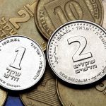 Israeli one and two shekels coins.