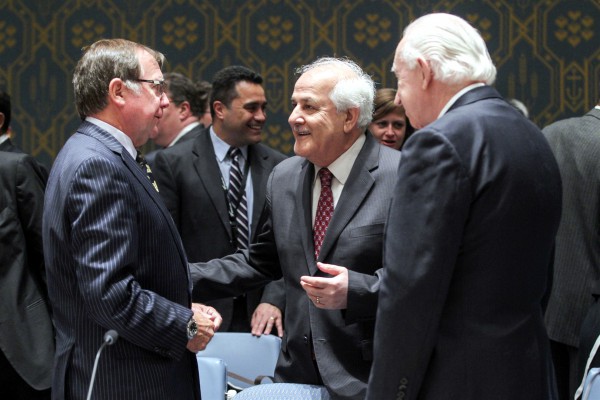 Riyad H. Mansour (centre), Permanent Observer of the State of Palestine to the UN, speaks with Murray McCully (left), Minister for Foreign Affairs of New Zealand, at the Security Council open debate on the theme, “Maintenance of international peace and security: Reflect on history, reaffirm the strong commitment to the purposes and principles of the Charter of the United Nations”. Jim McLay, Permanent Representative of New Zealand to the UN is on the right.