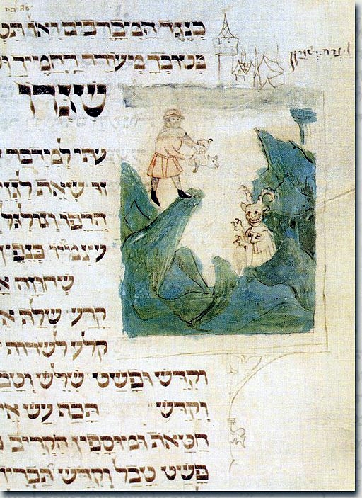 This illustration from a German machzor (holiday prayer book), created between 1370 and 1400, depicts the scapegoat from the sanctuary above the cliff where it is about to be cast into the abyss to Azazel, who appears as a horned and clawed mountain demon or devil. It is a symbolic returning of sin to the being "responsible" for it.