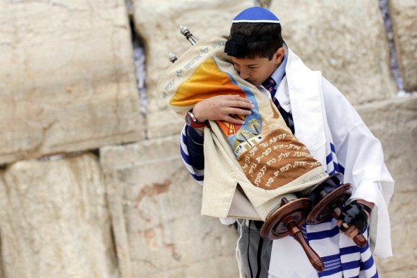 Bar Mitvah, tefillin, embroidered Torah cover, Torah scroll, Kotel