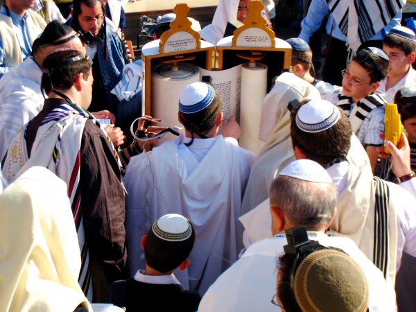 Reading the Torah scroll at the Western (Wailing) Wall