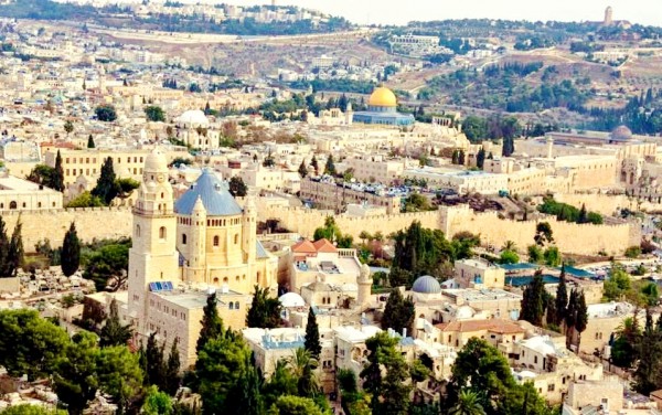 Aerial view of Jerusalem looking toward the Temple Mount and the Mount of Olives.