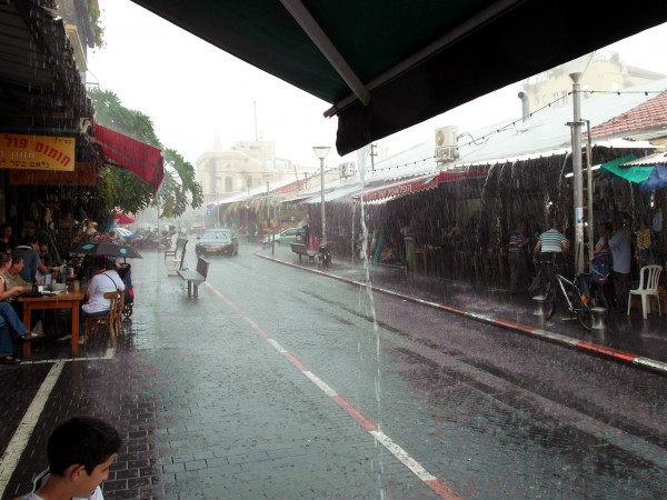 A short but heavy downpour in the Jaffa flea market.