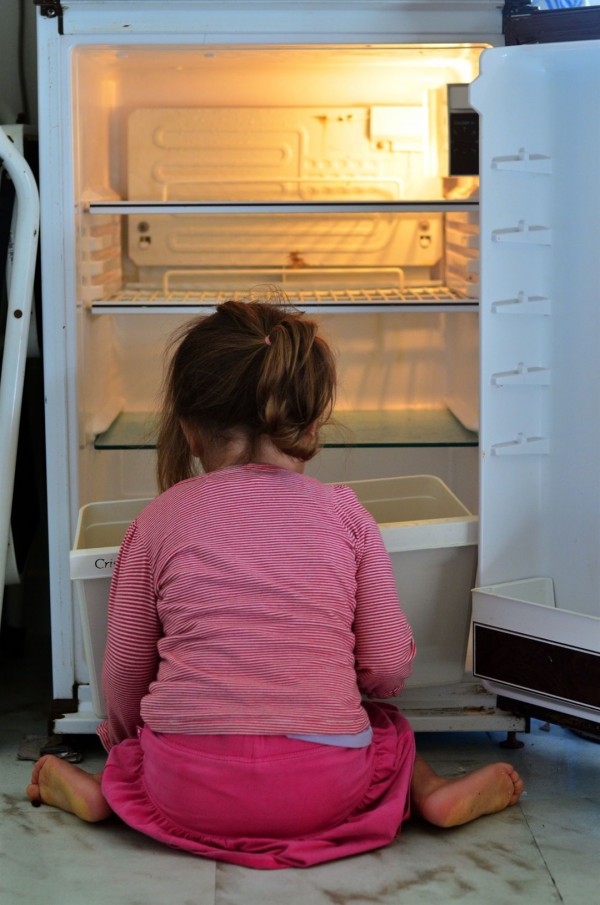 Hungry Israeli child searches an empty fridge for food.