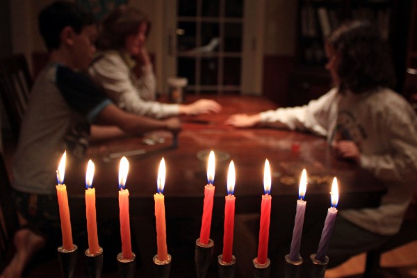 dreidel game-Chanukah-fully lit hanukkiah