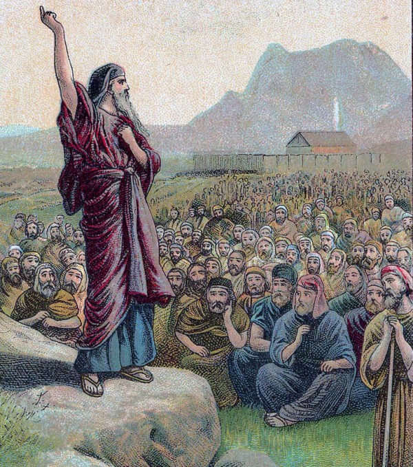 Moses Pleading with Israel, as in Deuteronomy 6:1–15.  Illustration from a Bible card published 1907 by the Providence Lithograph Company (Photo: Public Domain, cropped, retouched)