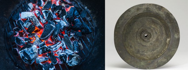 Left: Burning coals.  Right: Eighth century BC Phoenician brazier (fire pan).