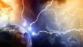Dramatic image of lightnings striking earth.