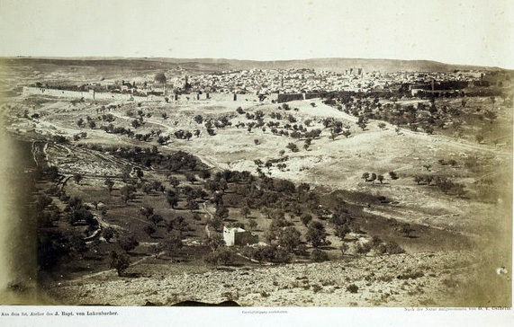 Jerusalem from the northeast (1859–1861), with the Dome of the Rock and Al-Aqsa at the left.  Notice the vacant, unkempt land beyond the Old City walls.