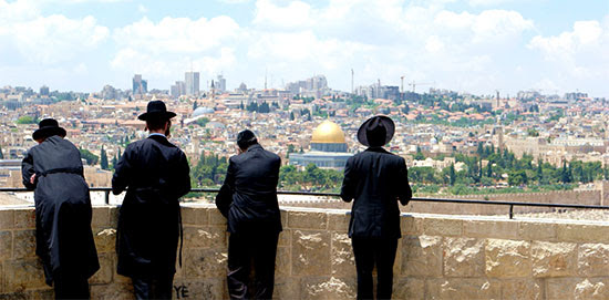 Orthodox Jewish men overlook Jerusalem